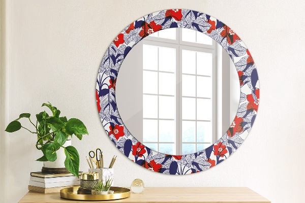 Miroir rond imprimé Filodendron et fleurs rouges