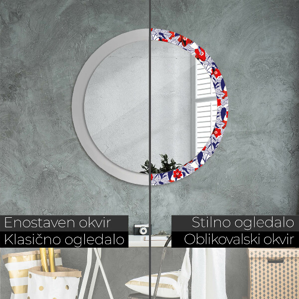 Miroir rond imprimé Filodendron et fleurs rouges
