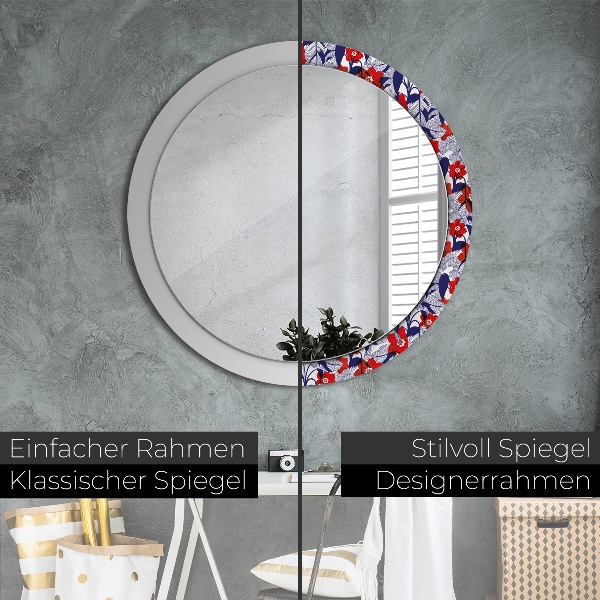 Miroir rond imprimé Filodendron et fleurs rouges