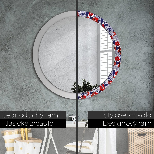 Miroir rond imprimé Filodendron et fleurs rouges