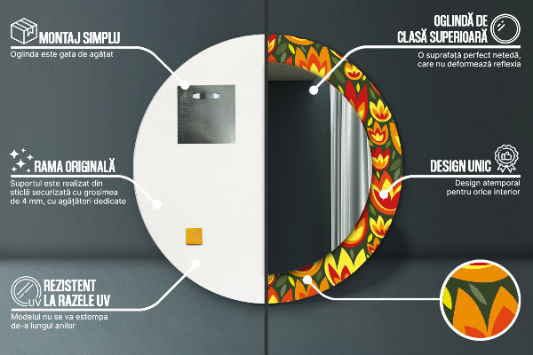 Miroir rond cadre avec impression Tulipes rétro