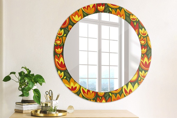 Miroir rond cadre avec impression Tulipes rétro