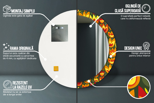 Miroir rond cadre avec impression Tulipes rétro