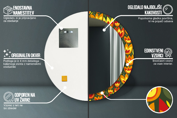 Miroir rond cadre avec impression Tulipes rétro