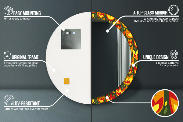 Miroir rond cadre avec impression Tulipes rétro