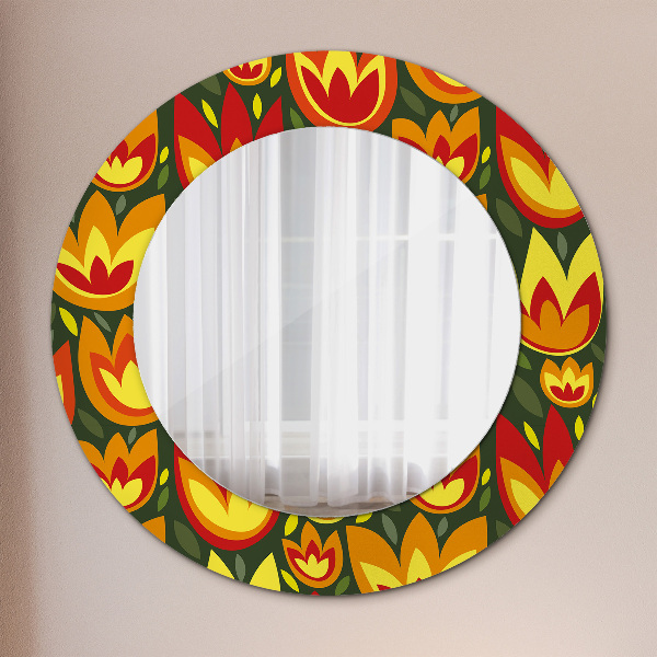 Miroir rond cadre avec impression Tulipes rétro