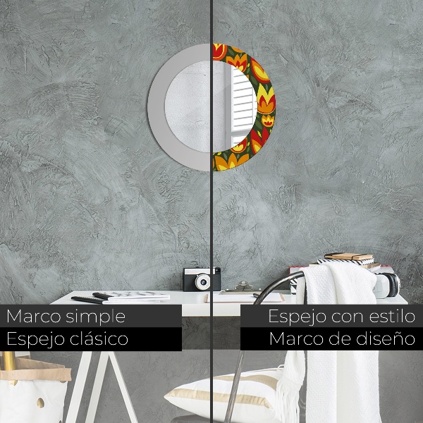 Miroir rond cadre avec impression Tulipes rétro
