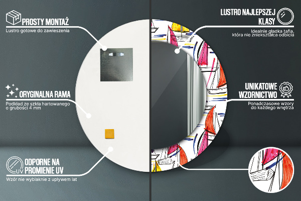Miroir rond cadre avec impression Bateau sur le lac