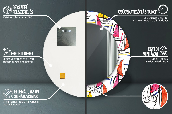 Miroir rond cadre avec impression Bateau sur le lac
