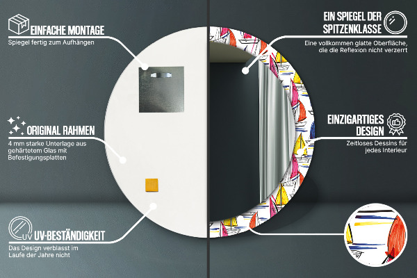 Miroir rond cadre avec impression Bateau sur le lac
