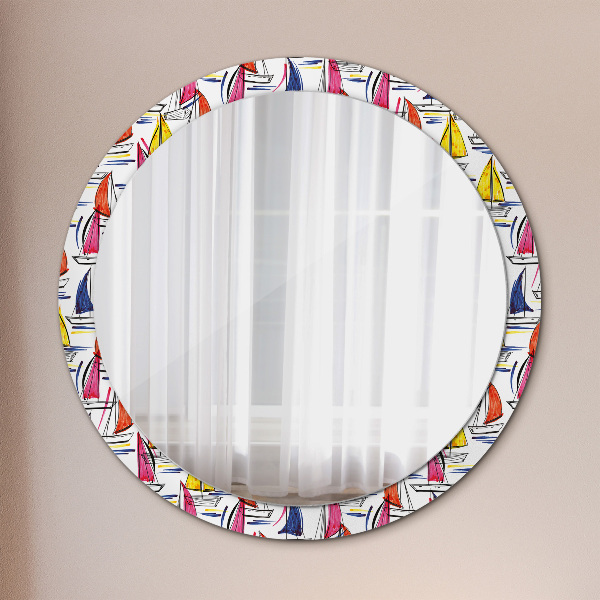 Miroir rond cadre avec impression Bateau sur le lac