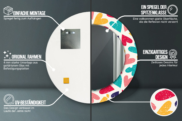 Miroir rond cadre avec impression Coeurs colorés