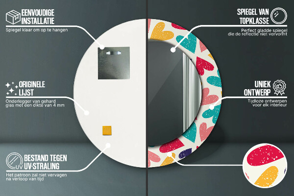 Miroir rond cadre avec impression Coeurs colorés