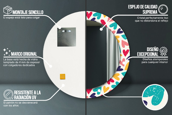 Miroir rond cadre avec impression Coeurs colorés