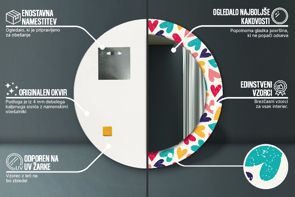 Miroir rond cadre avec impression Coeurs colorés
