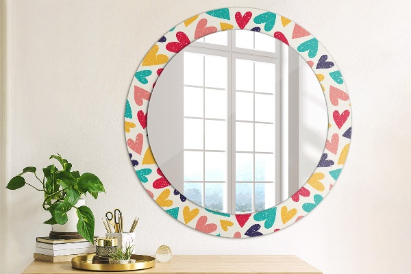Miroir rond cadre avec impression Coeurs colorés