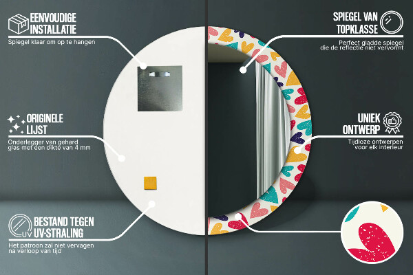 Miroir rond cadre avec impression Coeurs colorés