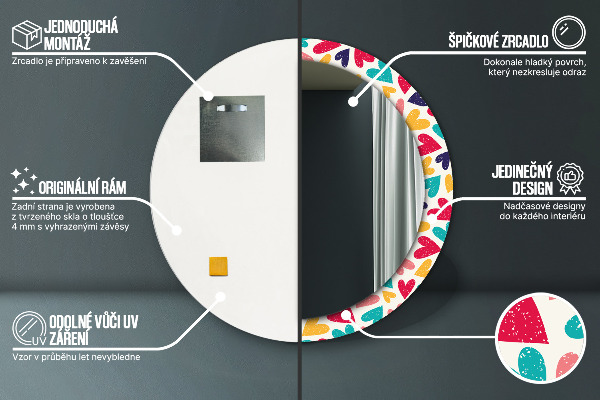 Miroir rond cadre avec impression Coeurs colorés