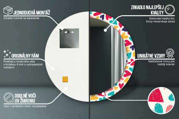 Miroir rond cadre avec impression Coeurs colorés