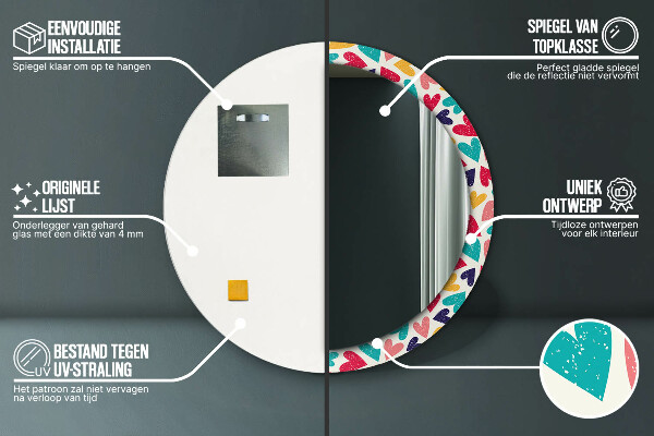 Miroir rond cadre avec impression Coeurs colorés