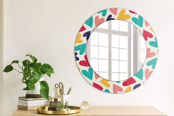 Miroir rond cadre avec impression Coeurs colorés