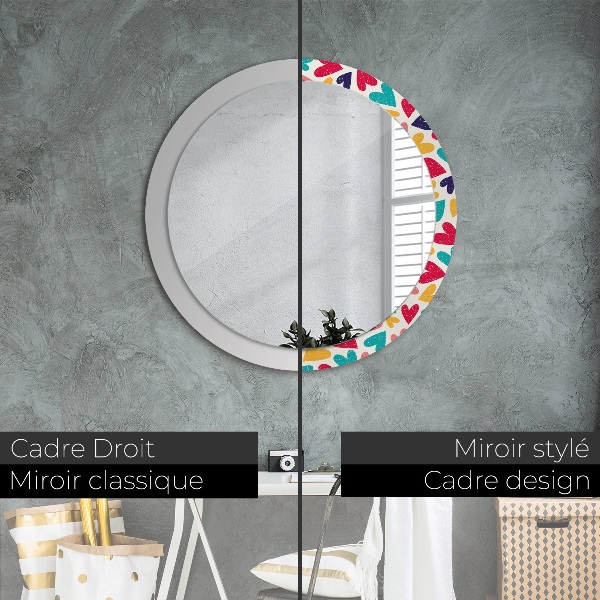 Miroir rond cadre avec impression Coeurs colorés