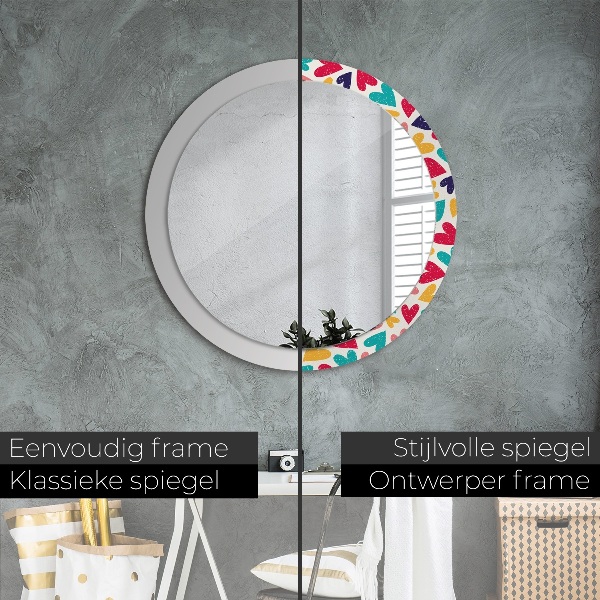 Miroir rond cadre avec impression Coeurs colorés