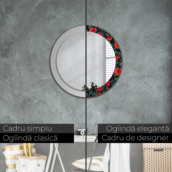 Miroir rond cadre avec impression Graine de pavot