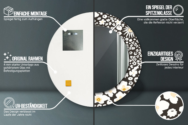 Miroir rond cadre avec impression Marguerite d'ivoire
