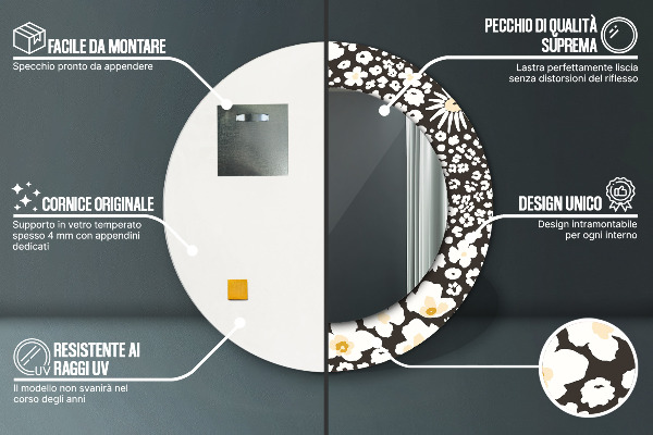 Miroir rond cadre avec impression Marguerite d'ivoire