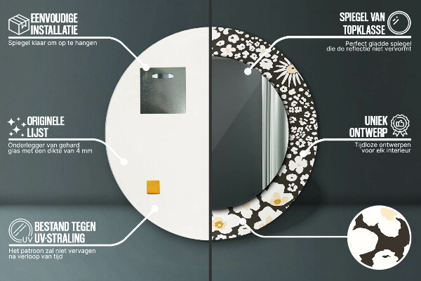 Miroir rond cadre avec impression Marguerite d'ivoire