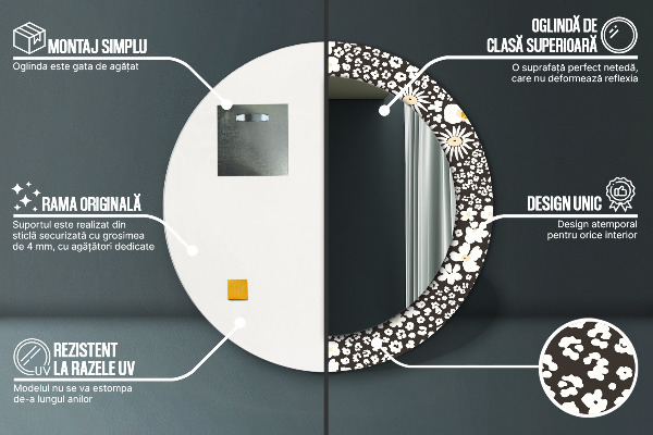 Miroir rond cadre avec impression Marguerite d'ivoire