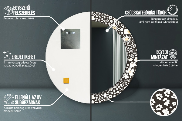 Miroir rond cadre avec impression Marguerite d'ivoire