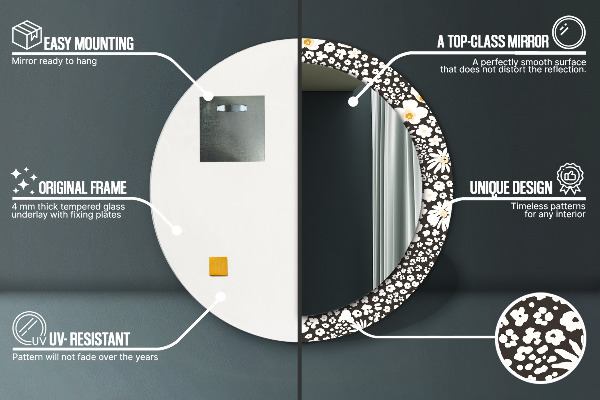 Miroir rond cadre avec impression Marguerite d'ivoire