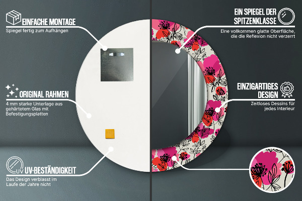 Miroir rond cadre avec impression Coquelicots roses