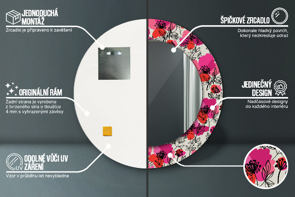 Miroir rond cadre avec impression Coquelicots roses