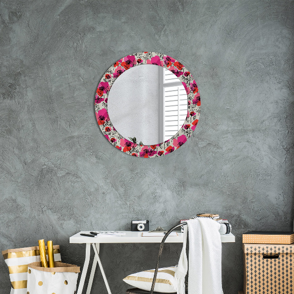 Miroir rond cadre avec impression Coquelicots roses