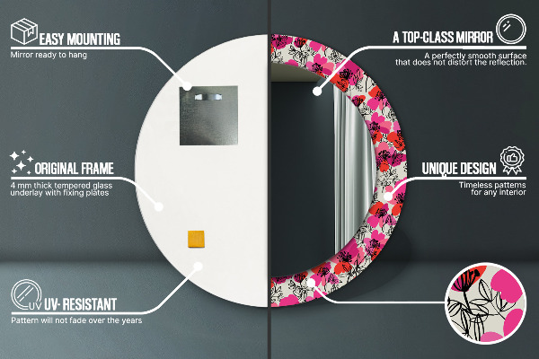 Miroir rond cadre avec impression Coquelicots roses