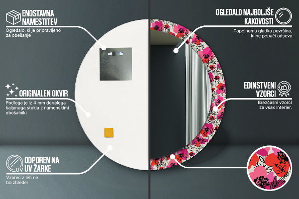 Miroir rond cadre avec impression Coquelicots roses