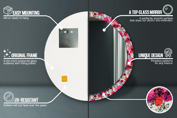 Miroir rond cadre avec impression Coquelicots roses