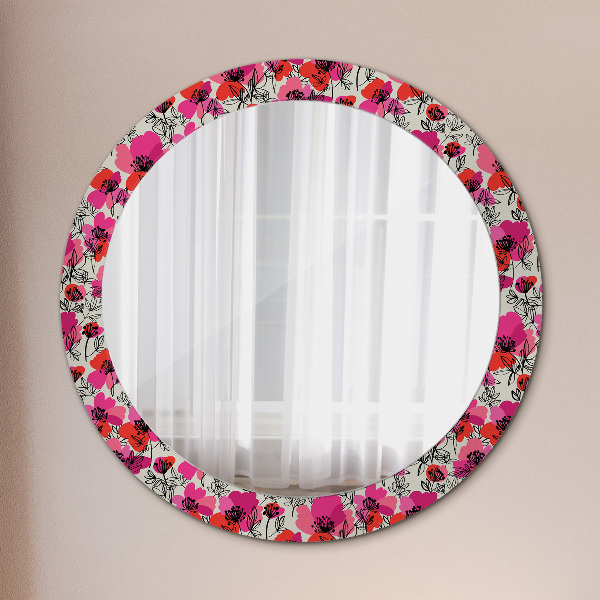 Miroir rond cadre avec impression Coquelicots roses