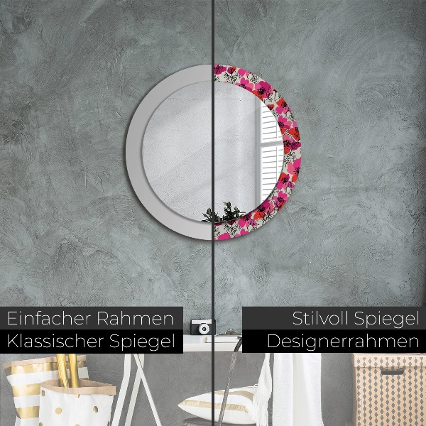Miroir rond cadre avec impression Coquelicots roses