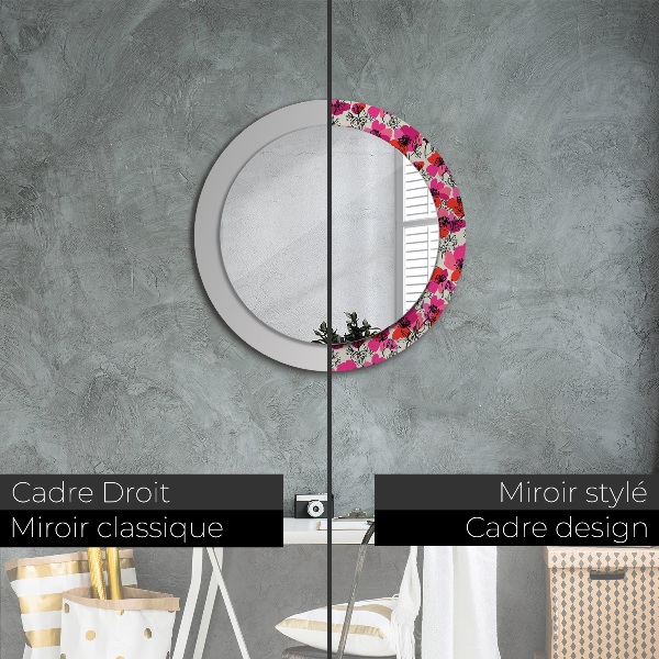 Miroir rond cadre avec impression Coquelicots roses