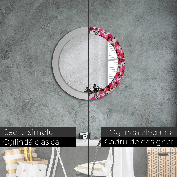 Miroir rond cadre avec impression Coquelicots roses
