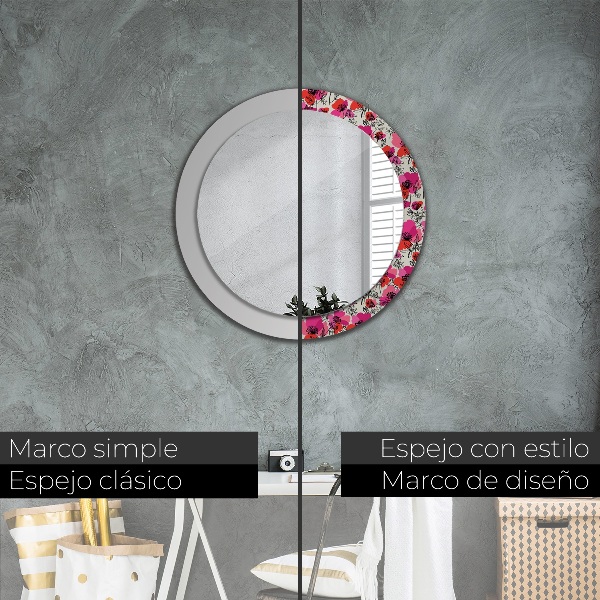 Miroir rond cadre avec impression Coquelicots roses