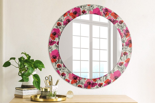 Miroir rond cadre avec impression Coquelicots roses