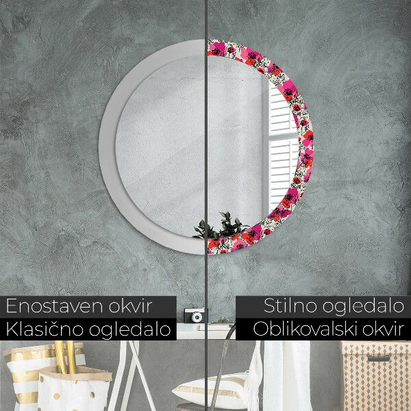 Miroir rond cadre avec impression Coquelicots roses