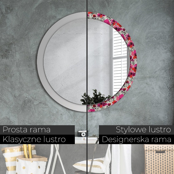 Miroir rond cadre avec impression Coquelicots roses