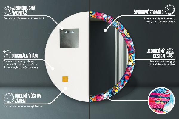 Miroir rond cadre avec impression Gribouillis colorés