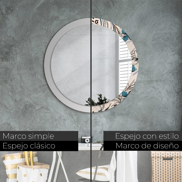 Miroir rond avec décoration Fleurs avec un motif de jungle